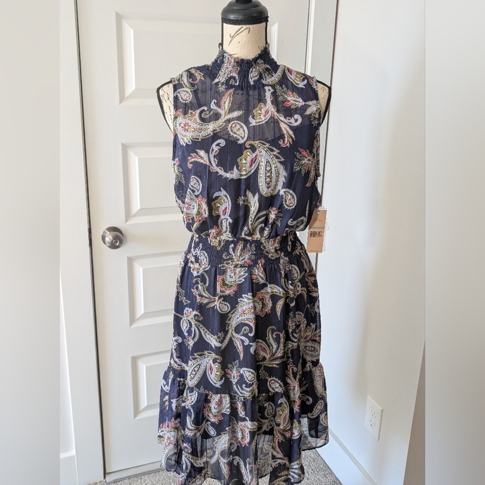 Nanette Lepore Navy Paisley High-Neck Smocked Midi Dress Size 8 - Picture 10 of 10